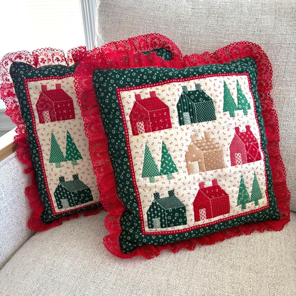 Set of 2 Handmade Quilted Cabin & Tree Throw Pillows Red Lace Trim 12x12